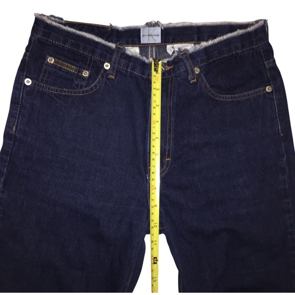 Highrise Flare Jeans, Distressed Denim, Frayed Waist/Hem, Dark Calvin Klein Sz 7 - Picture 13 of 13